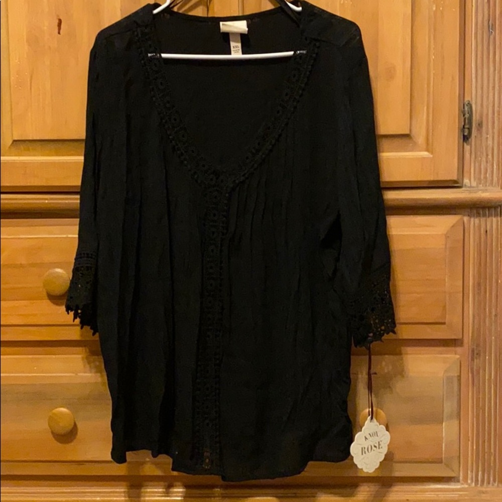 Black lace embroidered peasant top